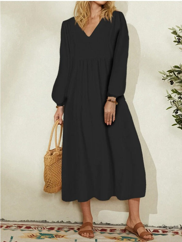 Women's New Fashion Cotton Linen Loose Lantern Sleeve Dress