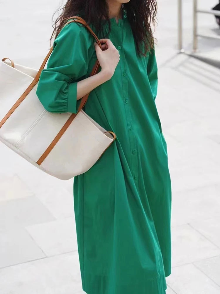 Round Neck Puff Sleeve Single Breasted Loose A Line Midi Dress