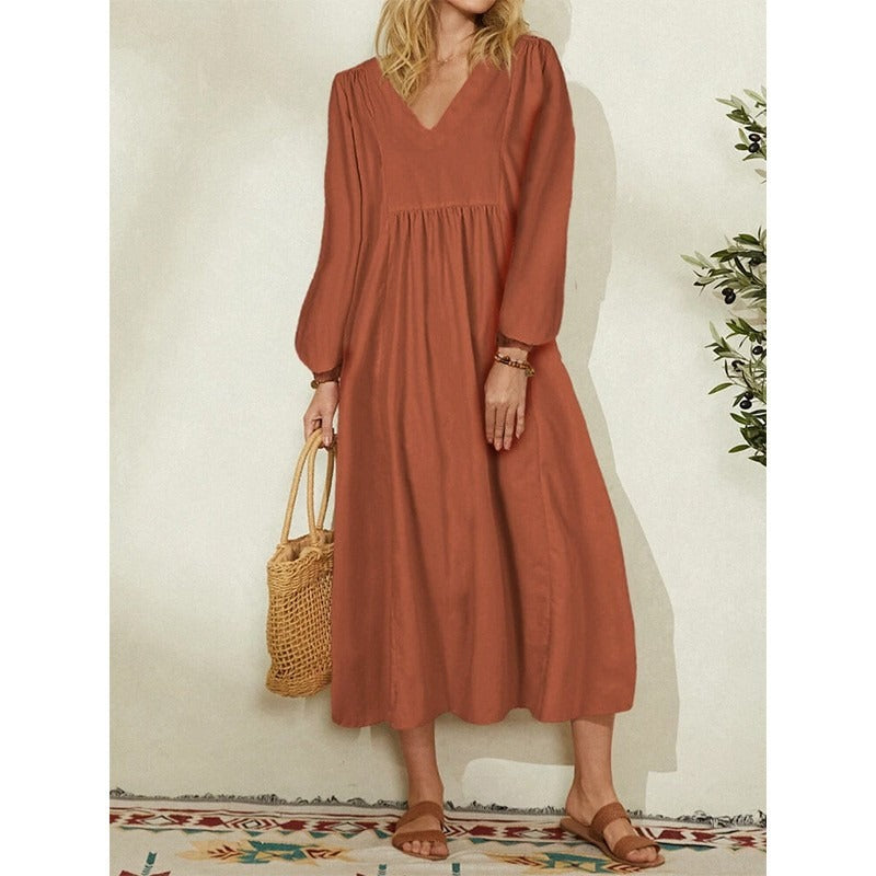 Women's New Fashion Cotton Linen Loose Lantern Sleeve Dress