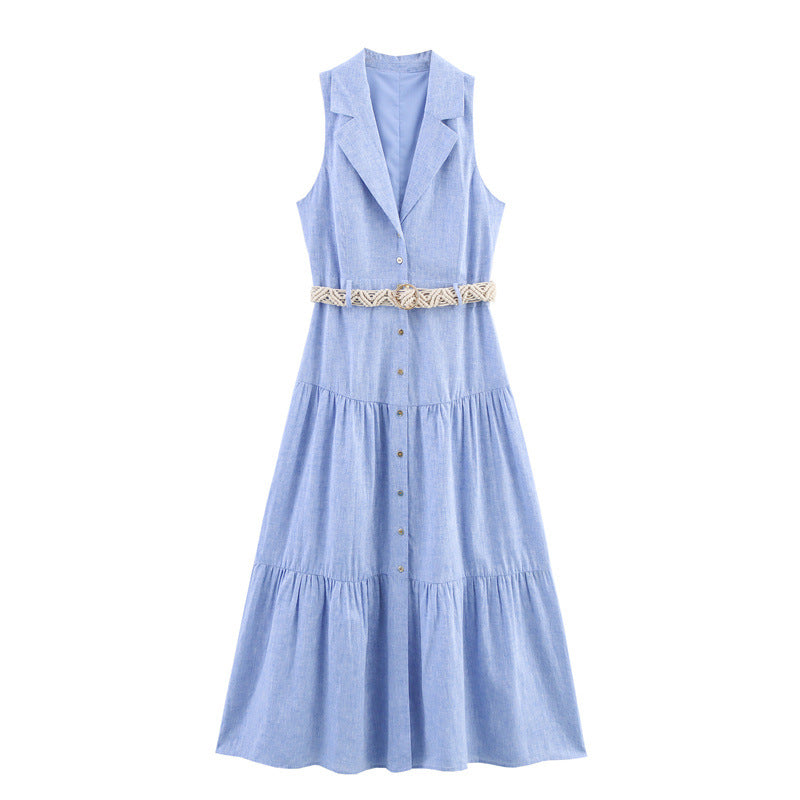Sleeveless Notched Collar Dress with Belt