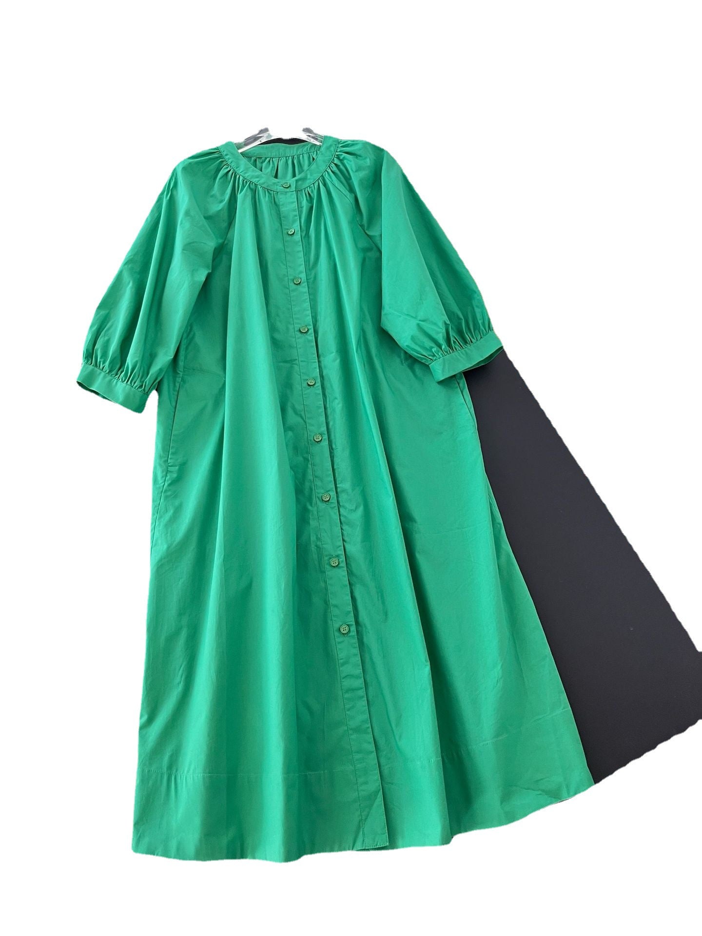 Round Neck Puff Sleeve Single Breasted Loose A Line Midi Dress
