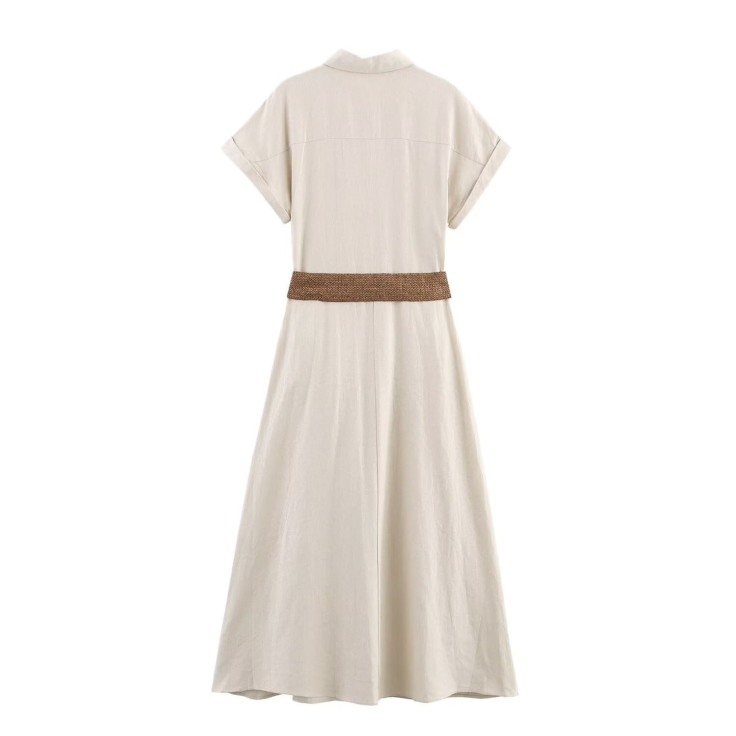 Flip collar short sleeved belt MIDI dress for women