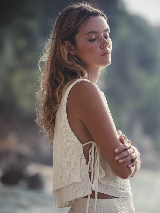 Mia Side Ties Top - Gold Stripes