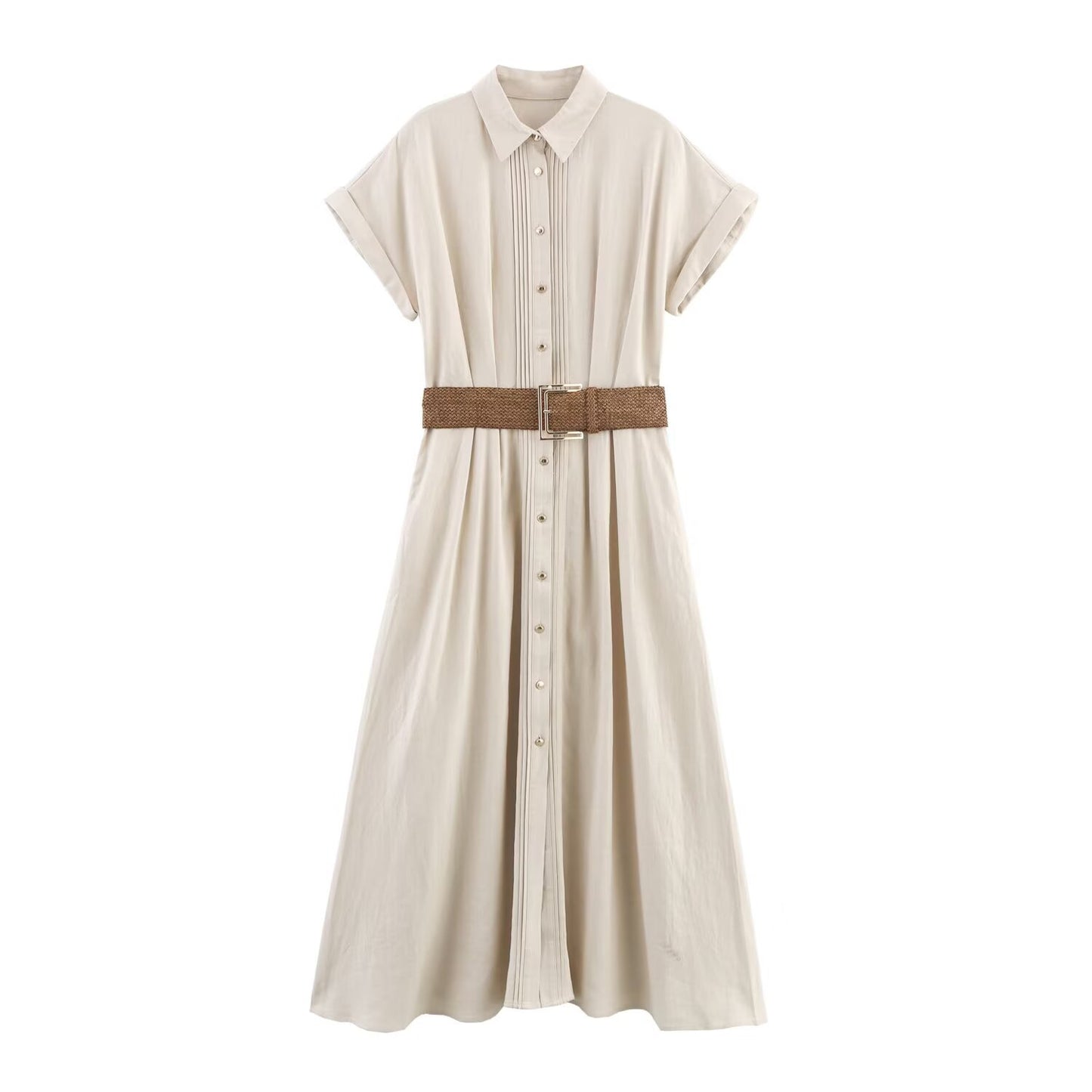 Flip collar short sleeved belt MIDI dress for women