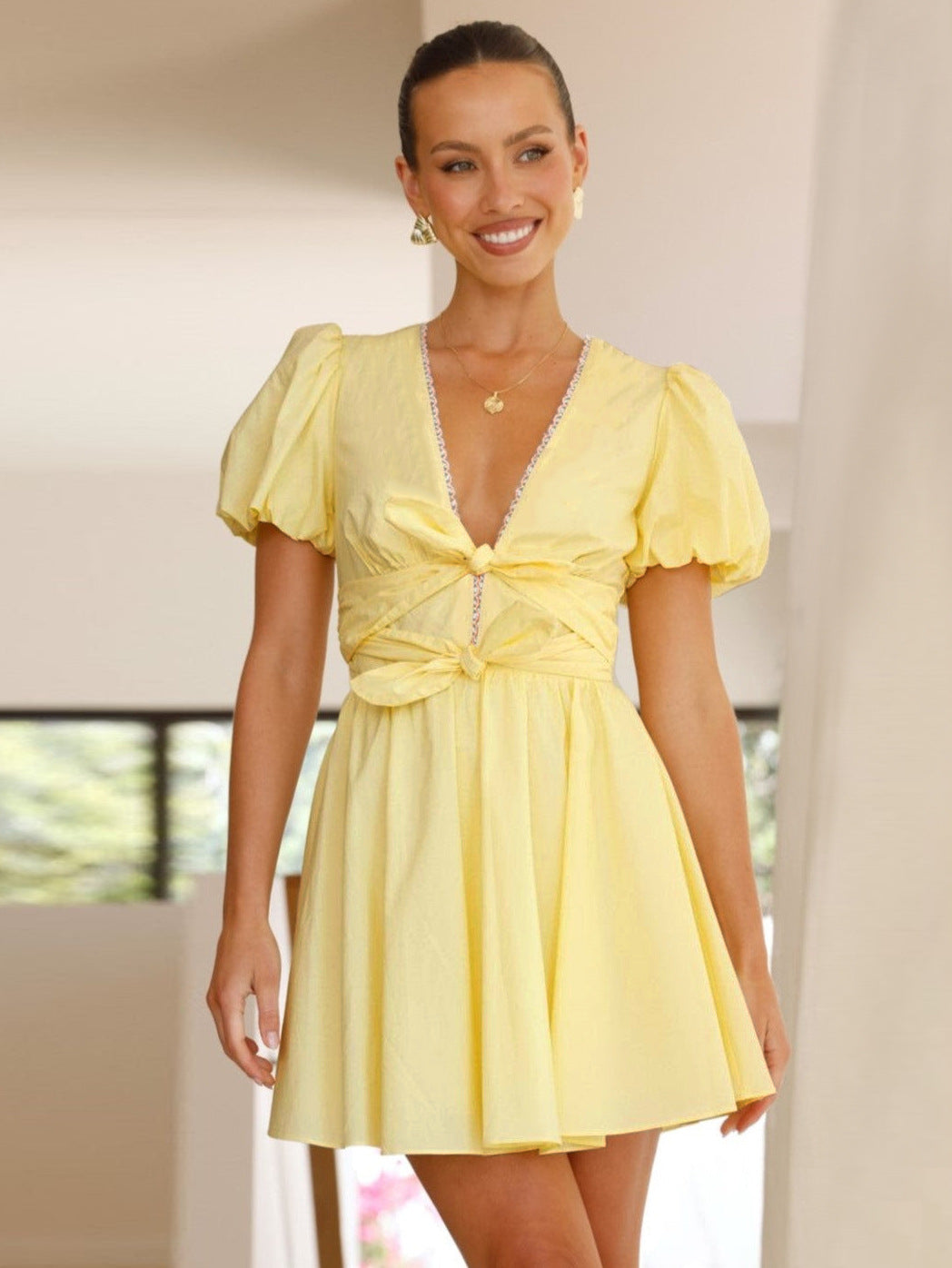 Sweet Lace Decoration Bubble Sleeve Deep V-neck Tie Dress