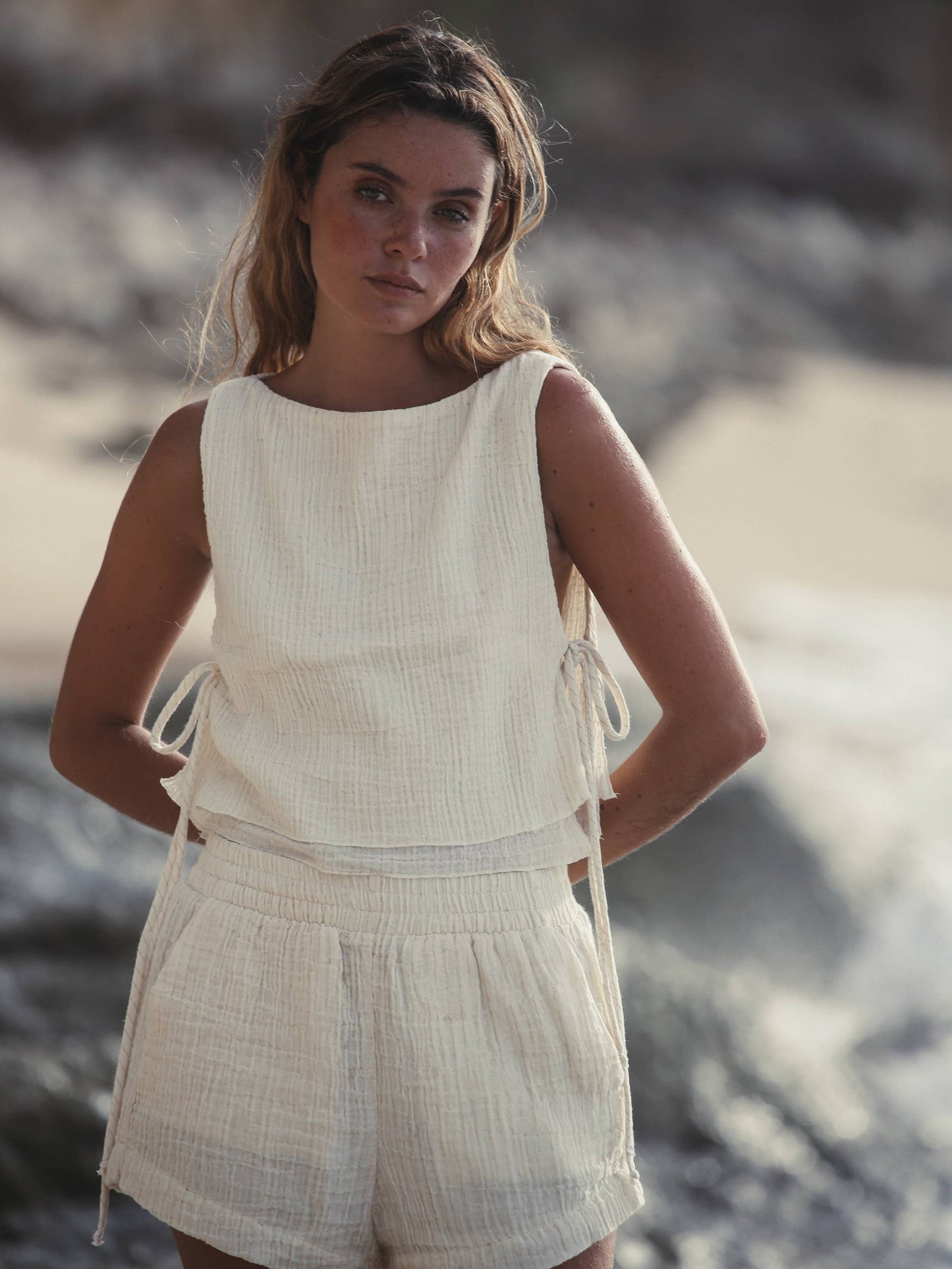 Mia Side Ties Top - Gold Stripes