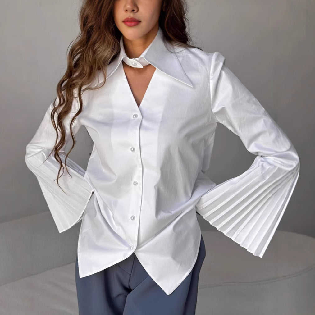 Pleated flared sleeve white shirt