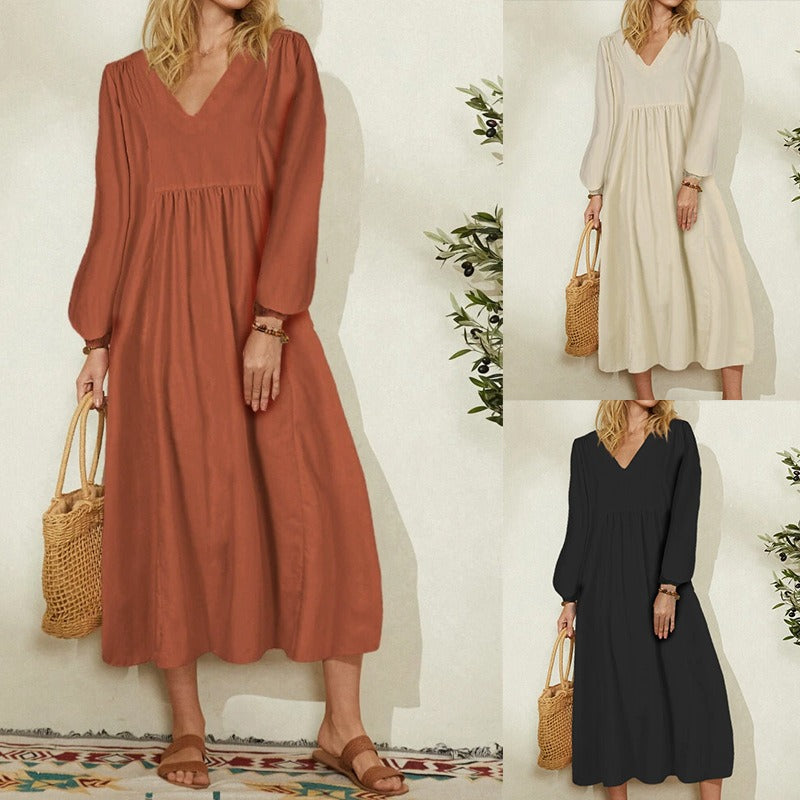 Women's New Fashion Cotton Linen Loose Lantern Sleeve Dress