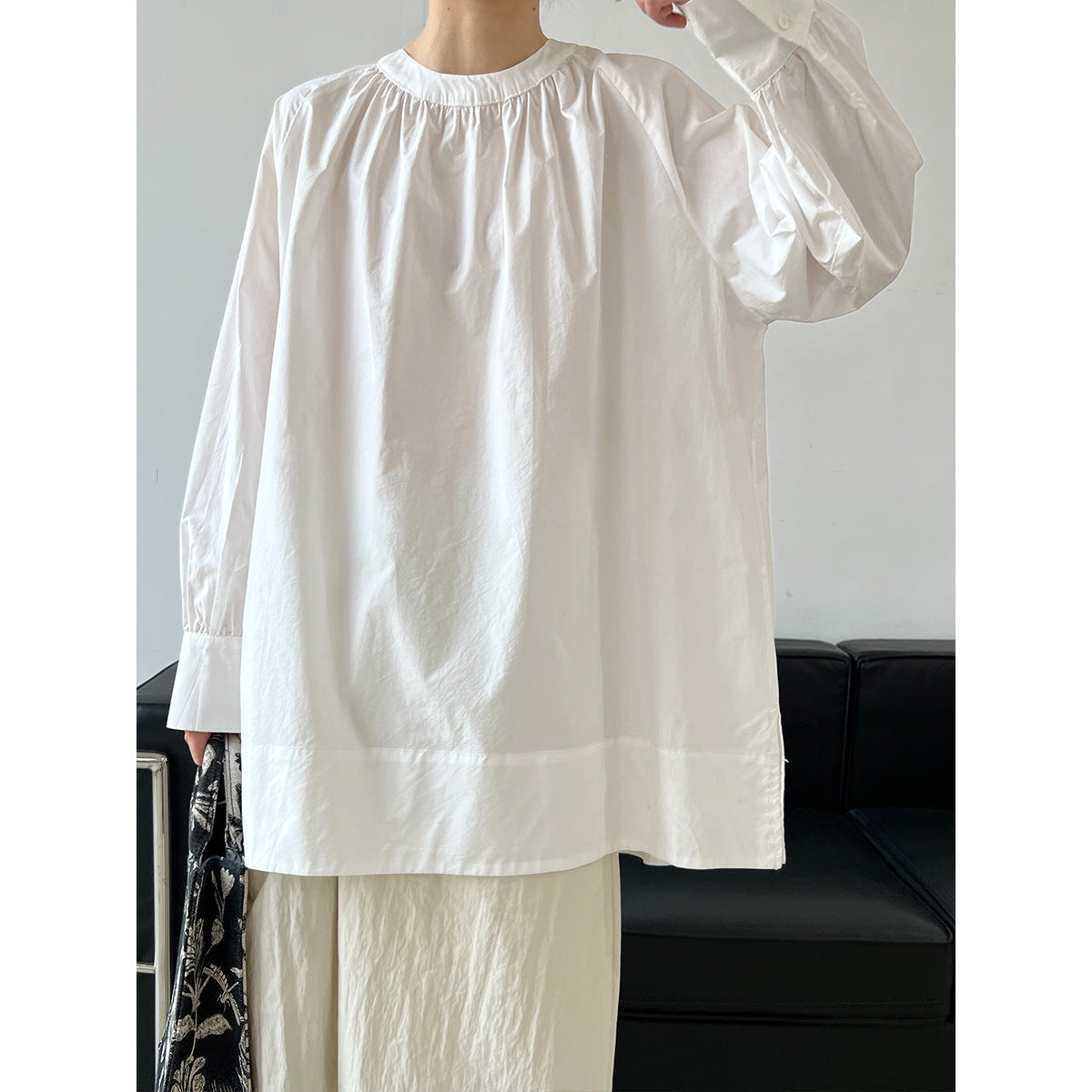 Round neck pleated raglan mid length shirt for women