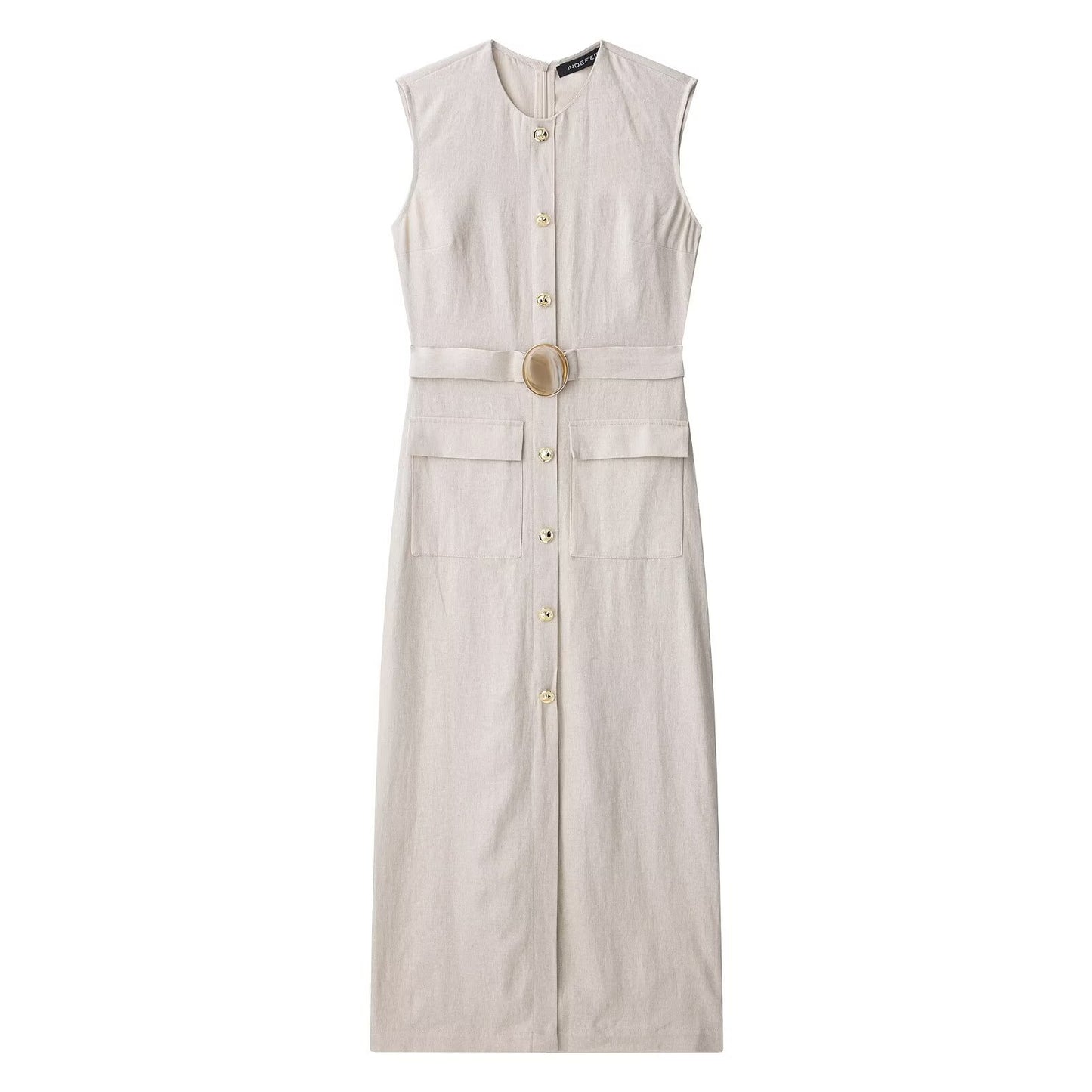 Round neck sleeveless single breasted waistband dress