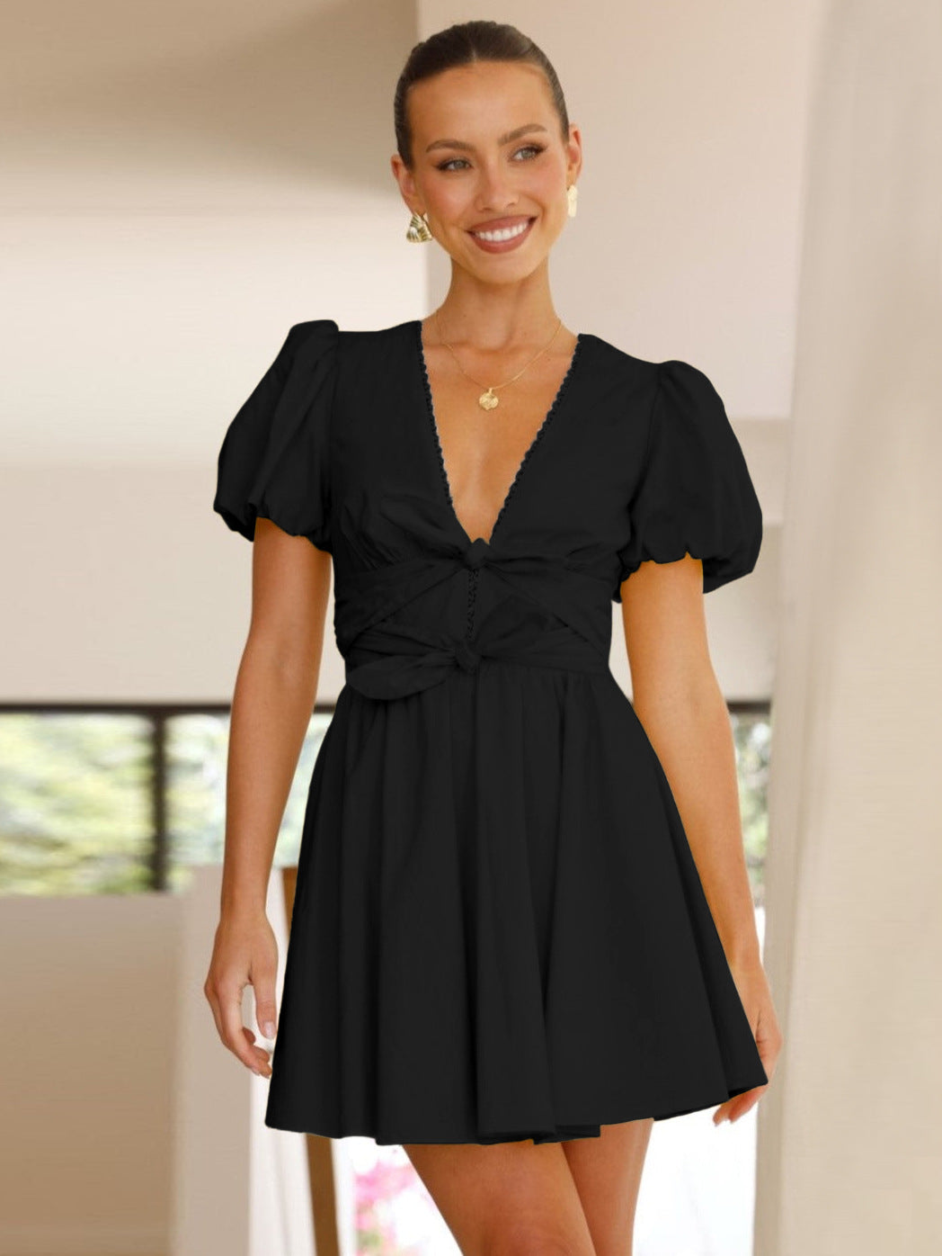 Sweet Lace Decoration Bubble Sleeve Deep V-neck Tie Dress