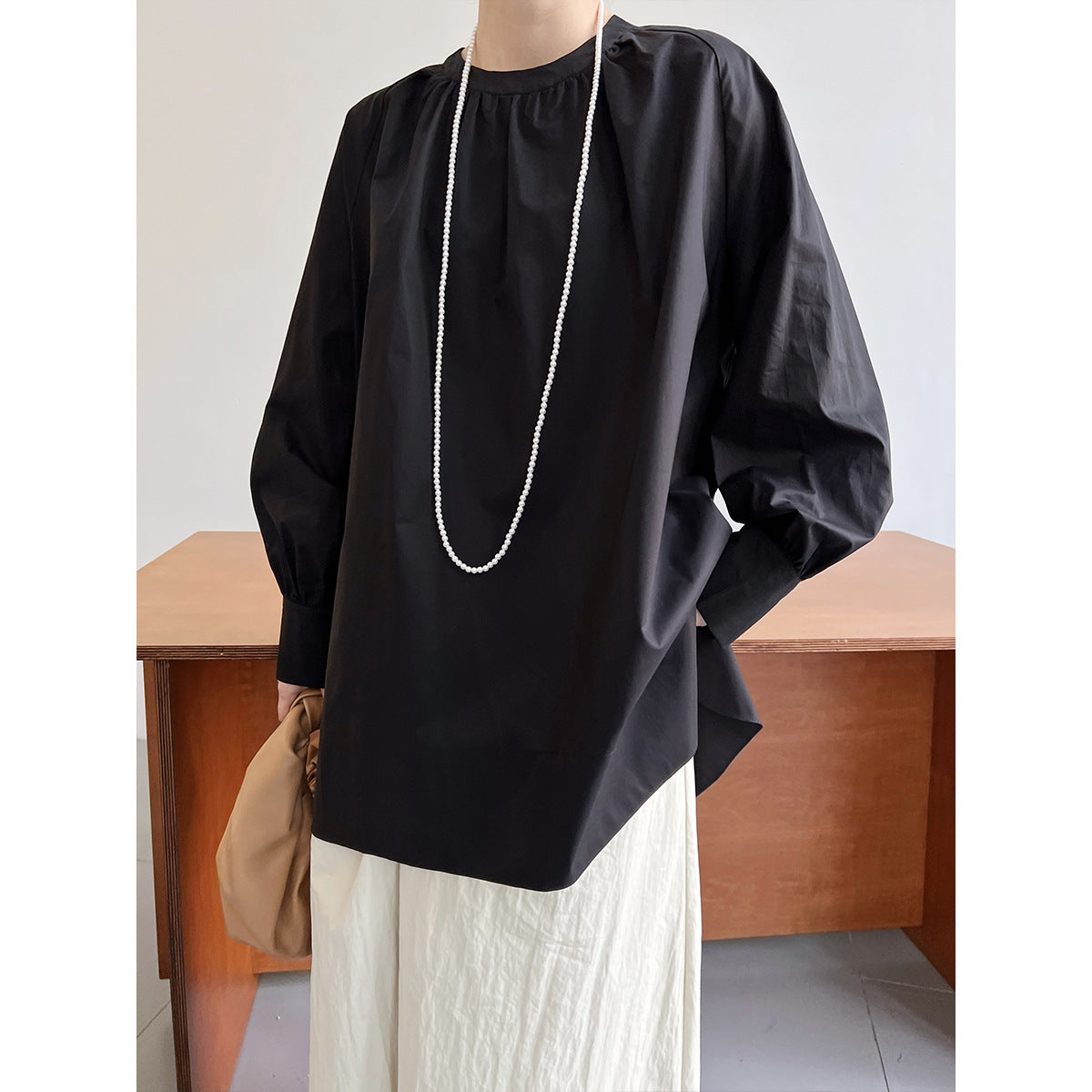Round neck pleated raglan mid length shirt for women