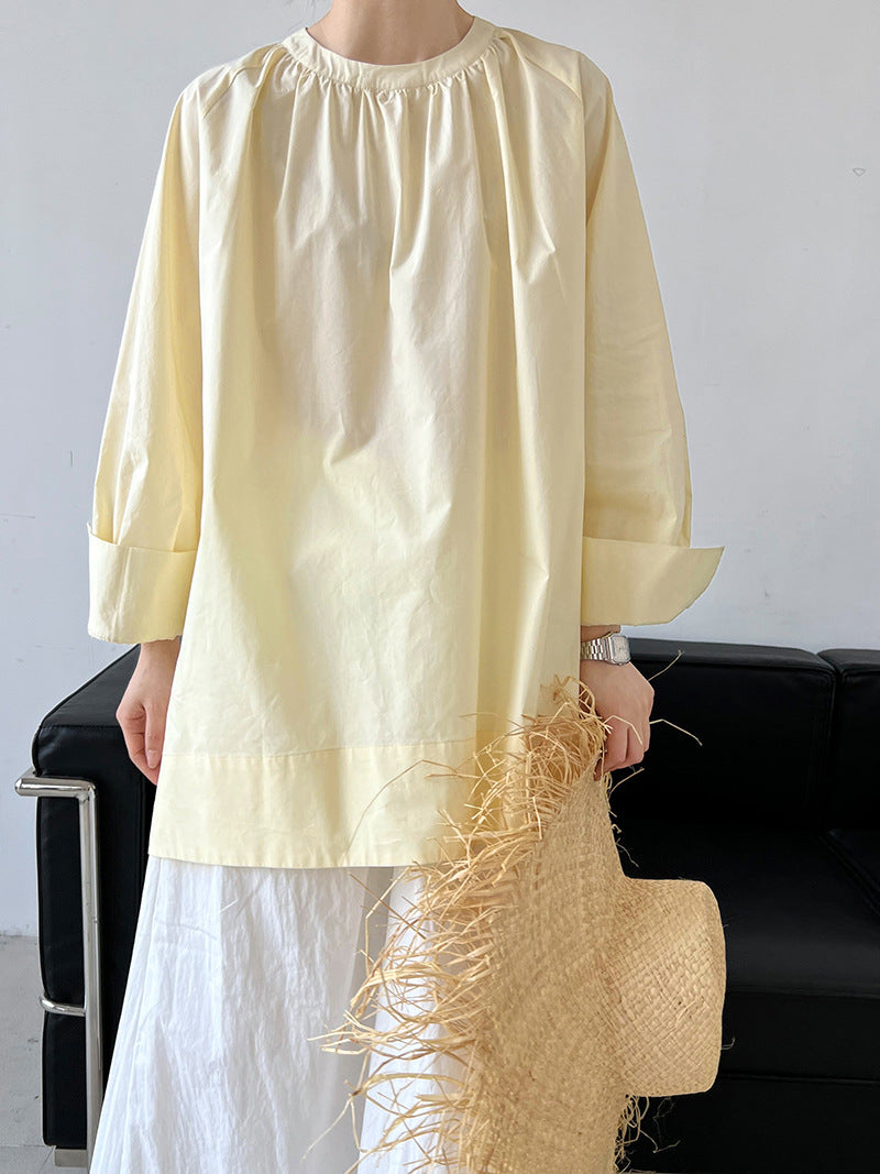 Round neck pleated raglan mid length shirt for women