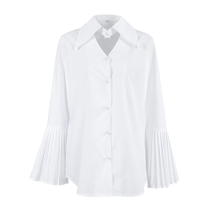 Pleated flared sleeve white shirt