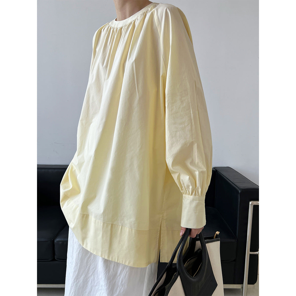 Round neck pleated raglan mid length shirt for women
