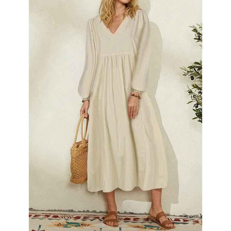 Women's New Fashion Cotton Linen Loose Lantern Sleeve Dress