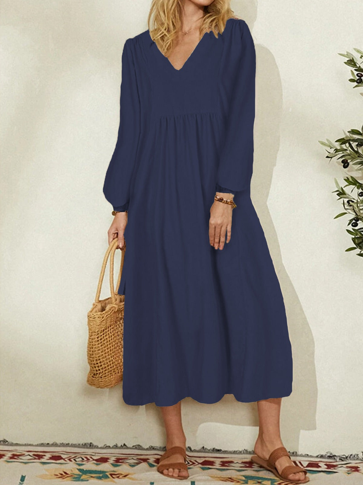 Women's New Fashion Cotton Linen Loose Lantern Sleeve Dress