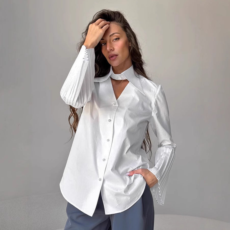 Pleated flared sleeve white shirt
