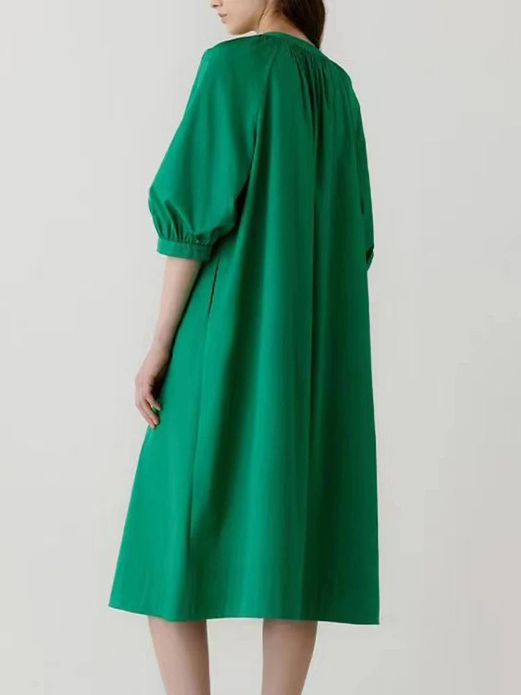 Round Neck Puff Sleeve Single Breasted Loose A Line Midi Dress