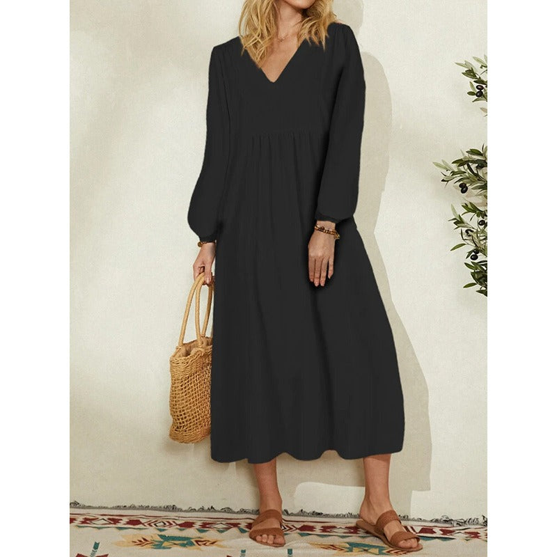 Women's New Fashion Cotton Linen Loose Lantern Sleeve Dress