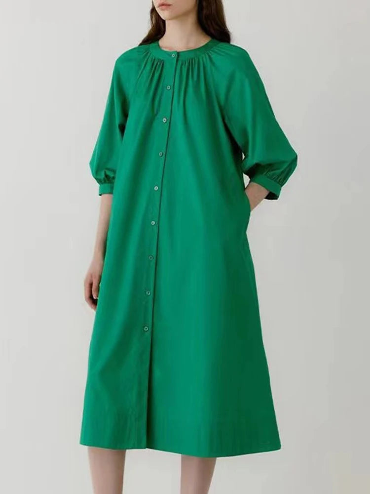 Round Neck Puff Sleeve Single Breasted Loose A Line Midi Dress