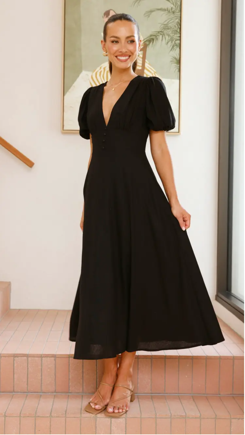 Puff sleeves black maxi dress