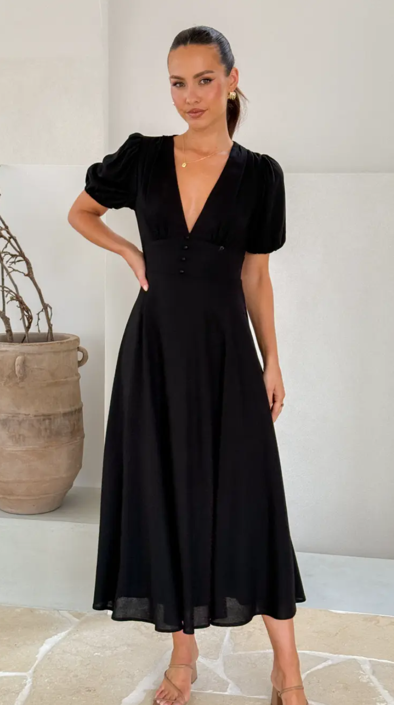 Puff sleeves black maxi dress