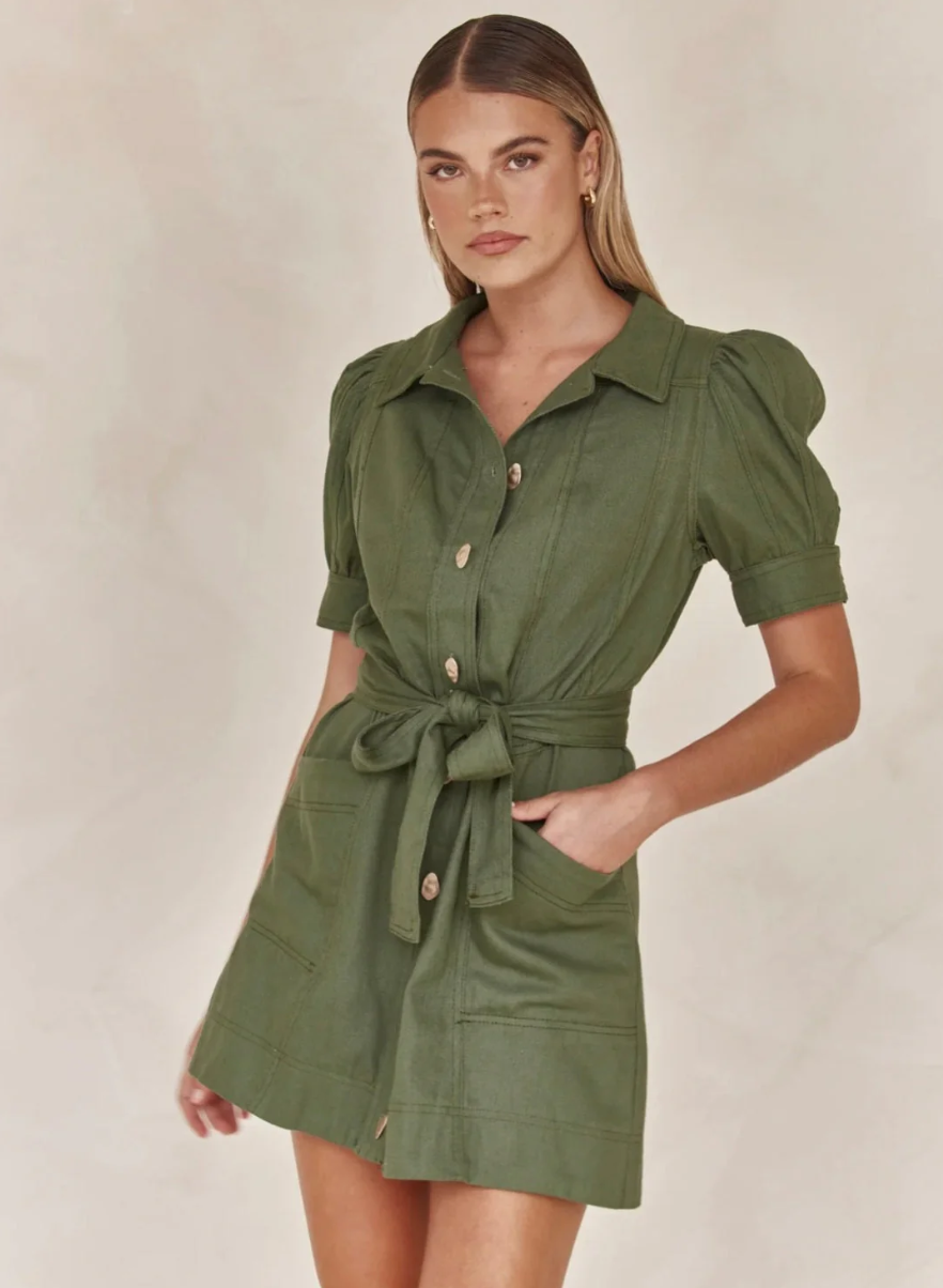 Tie-Up Shirt Style Linen Dress