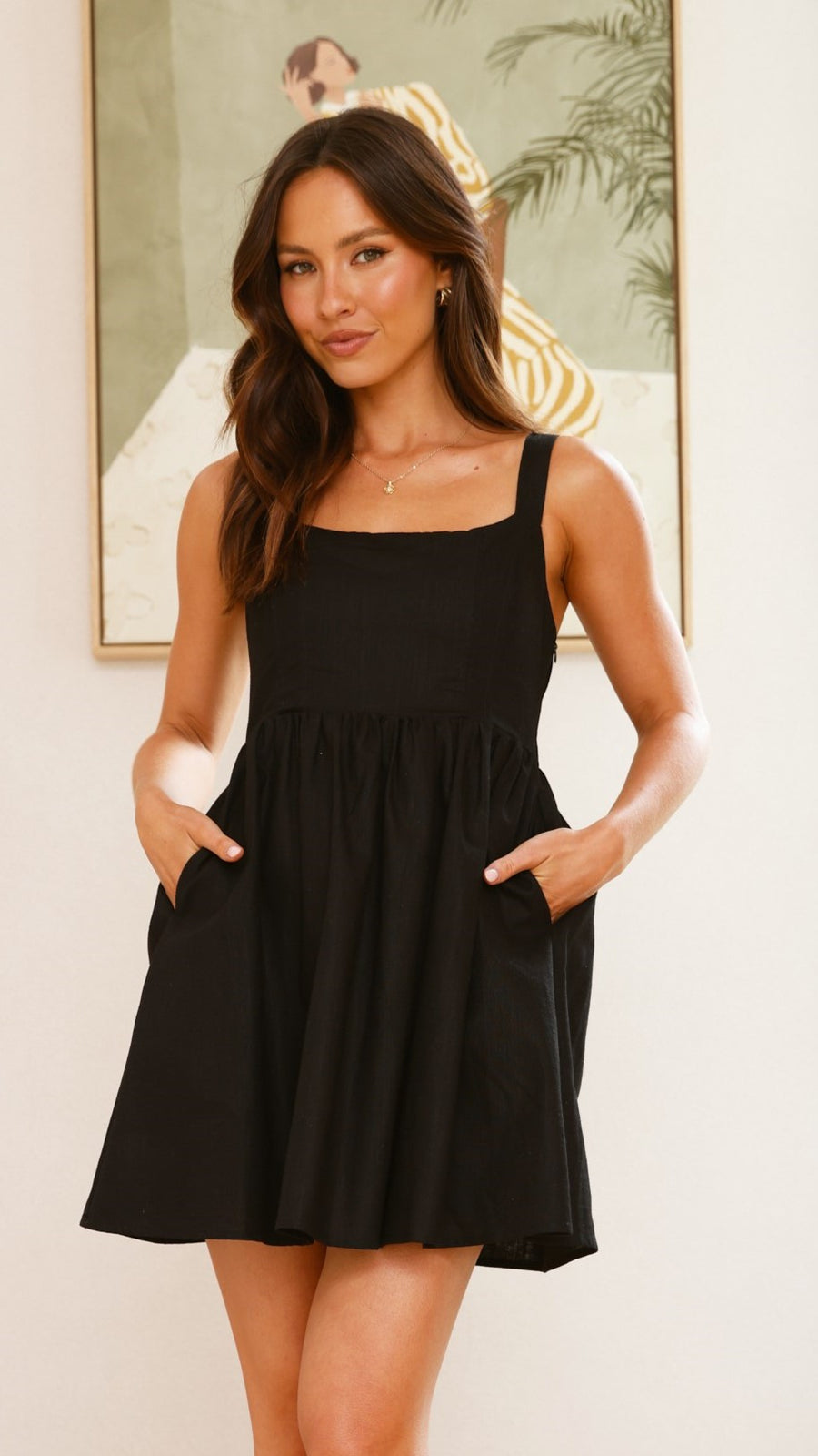 Black Linen smocked back Square neck sleeveless mini dress