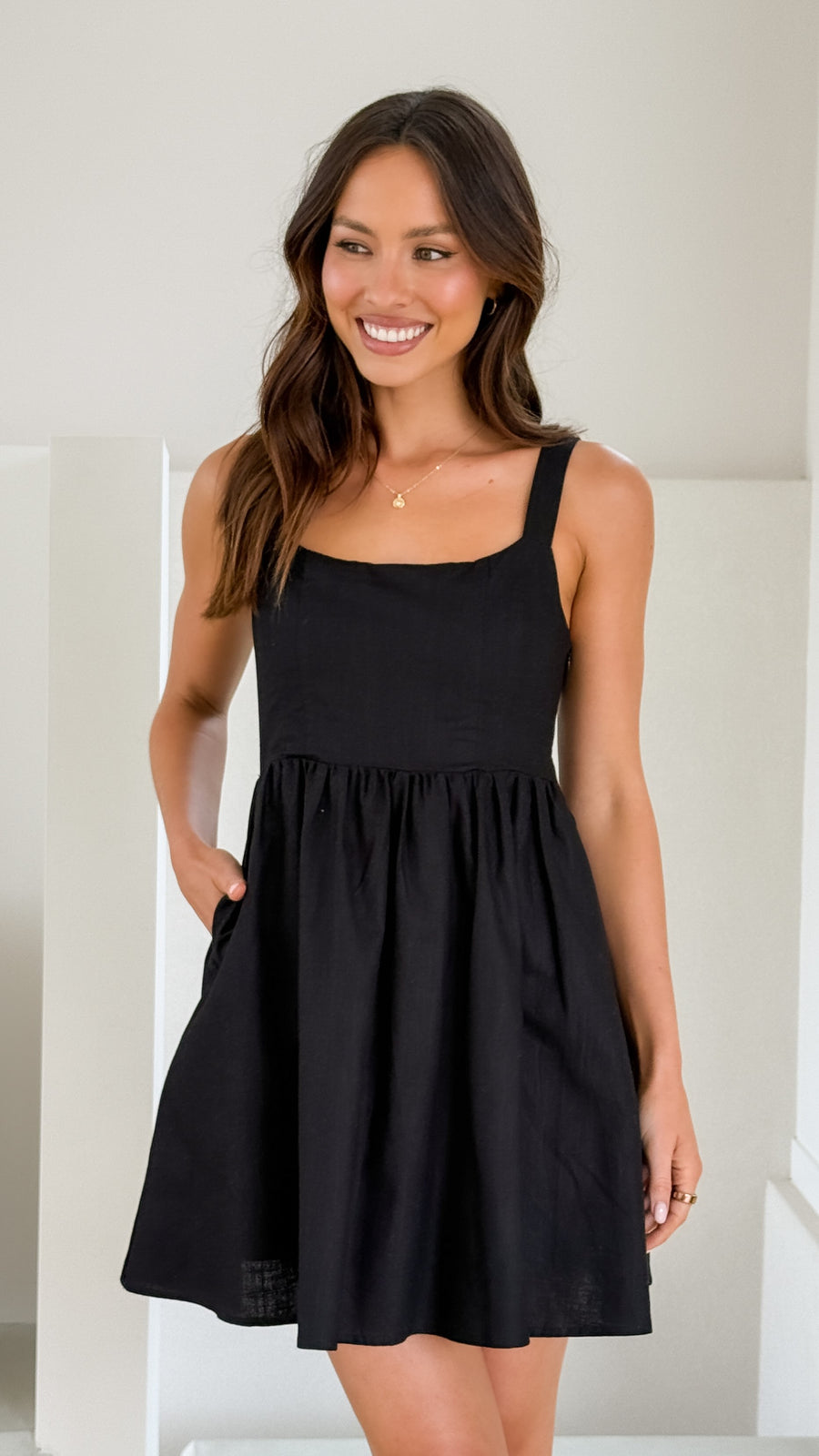 Black Linen smocked back Square neck sleeveless mini dress