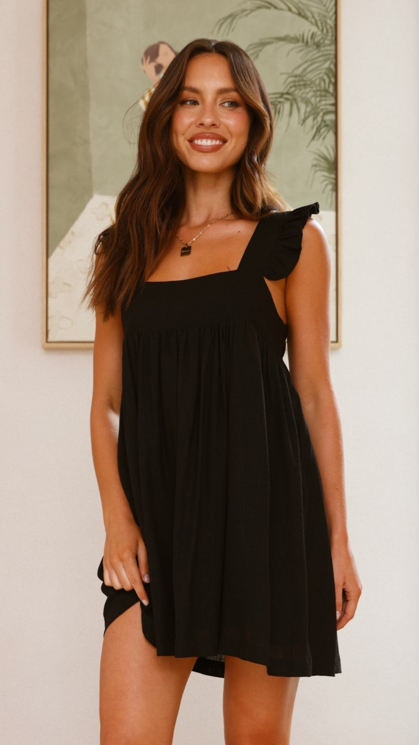 Black Cotton Ruffle Strap Mini Dress – Square Neck & Flowy Babydoll Fit