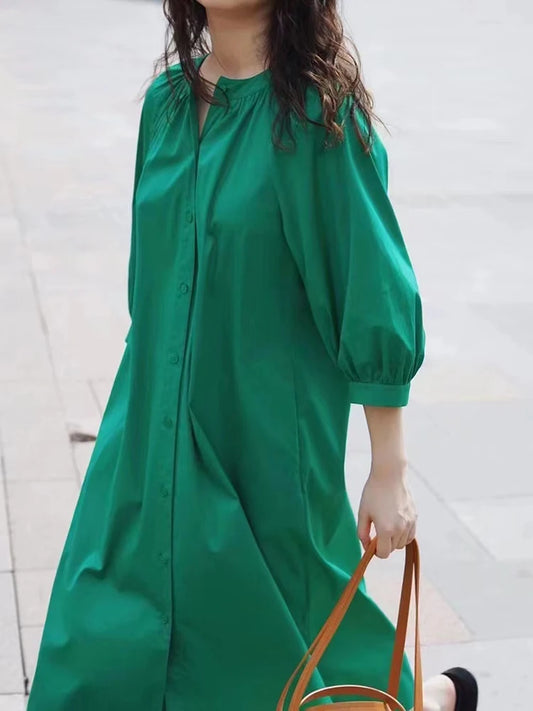 Round Neck Puff Sleeve Single Breasted Loose A Line Midi Dress