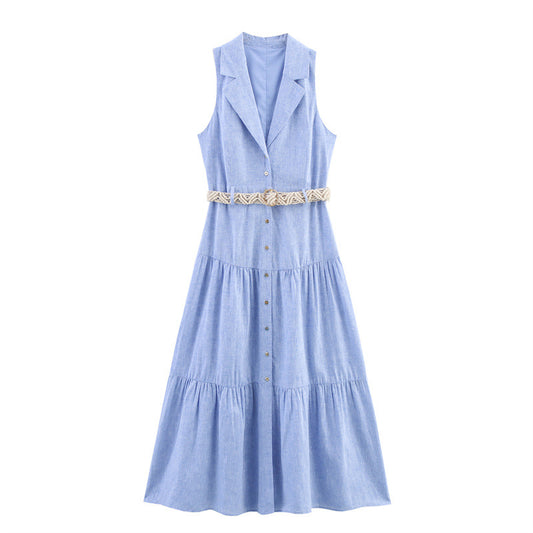 Sleeveless Notched Collar Dress with Belt