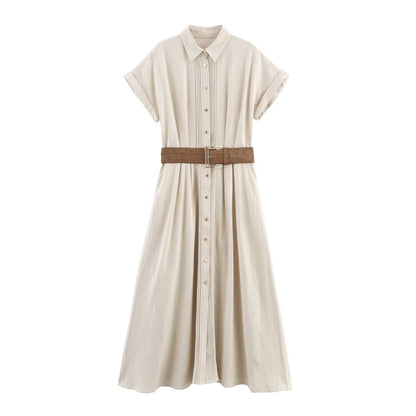 Flip collar short sleeved belt MIDI dress for women