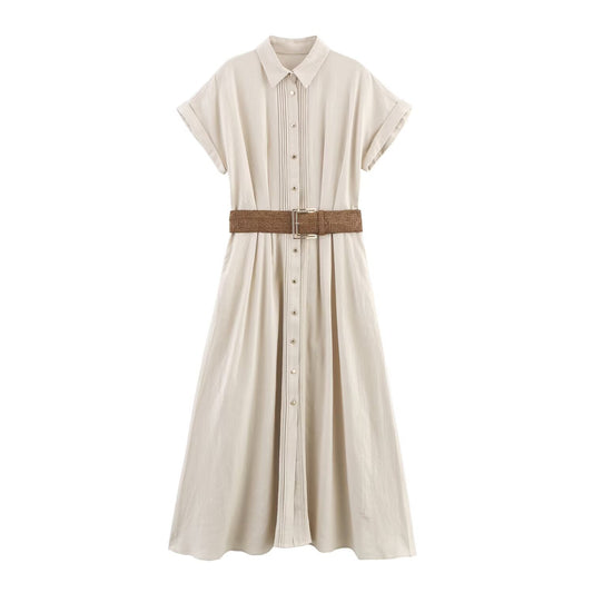 Flip collar short sleeved belt MIDI dress for women