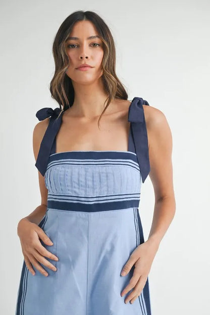 Linen Mix Chevron Sail Shoulder Strap Jumpsuit