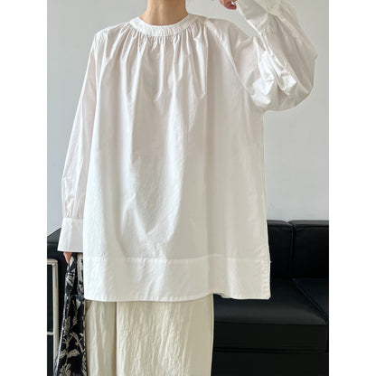 Round neck pleated raglan mid length shirt for women