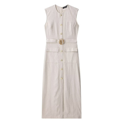 Round neck sleeveless single breasted waistband dress