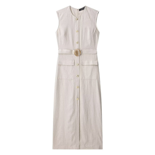 Round neck sleeveless single breasted waistband dress