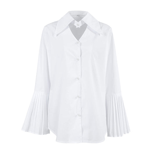 Pleated flared sleeve white shirt