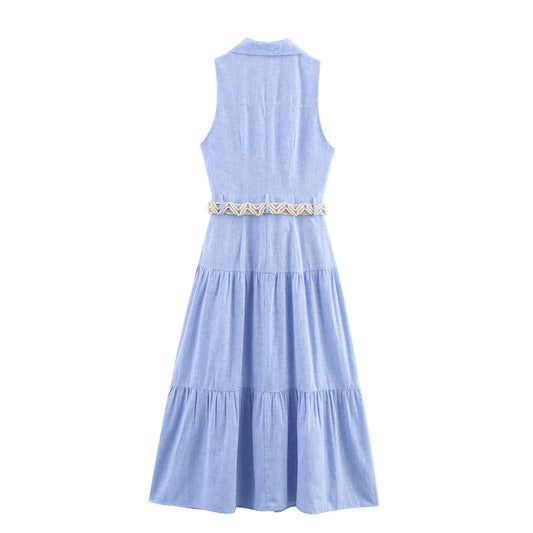 Sleeveless Notched Collar Dress with Belt