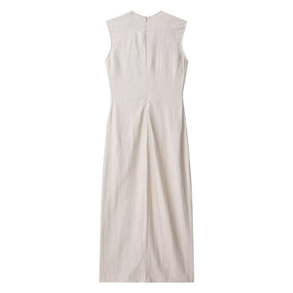 Round neck sleeveless single breasted waistband dress
