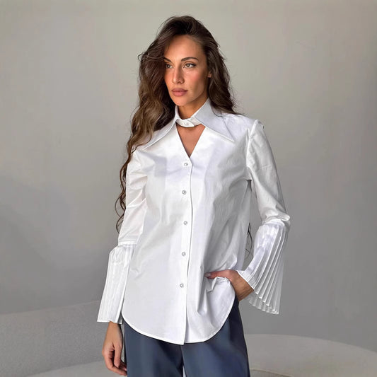 Pleated flared sleeve white shirt