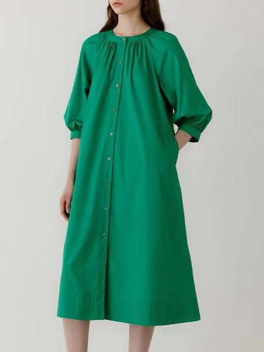 Round Neck Puff Sleeve Single Breasted Loose A Line Midi Dress