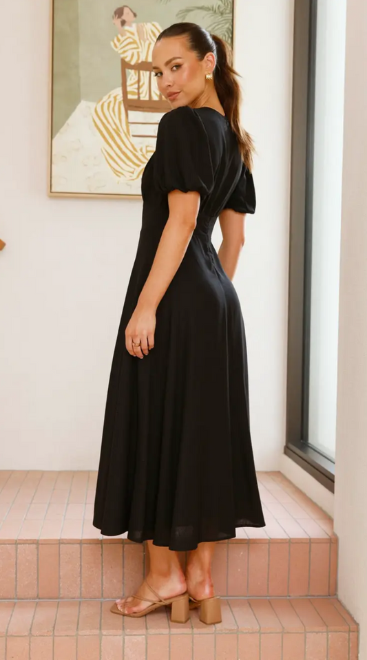 Puff sleeves black maxi dress