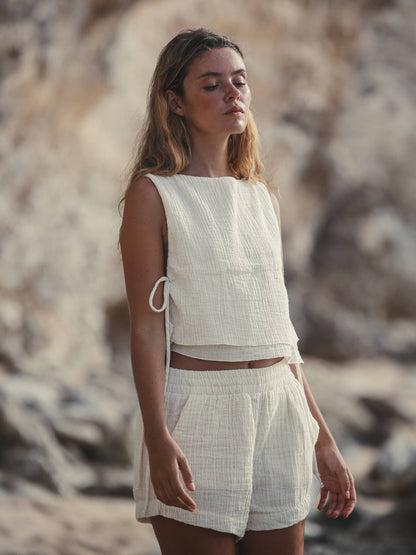Mia Side Ties Top - Gold Stripes