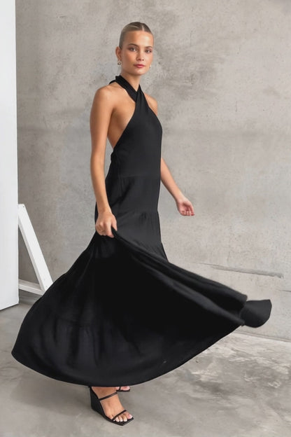 Black Cotton Backless  Maxi Dress