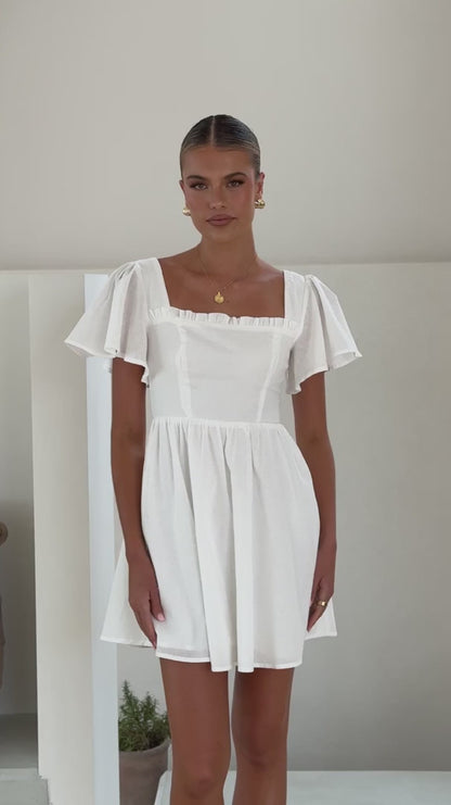 White Linen Mini Dress – Flutter Sleeve A-Line Fit for Summer Days