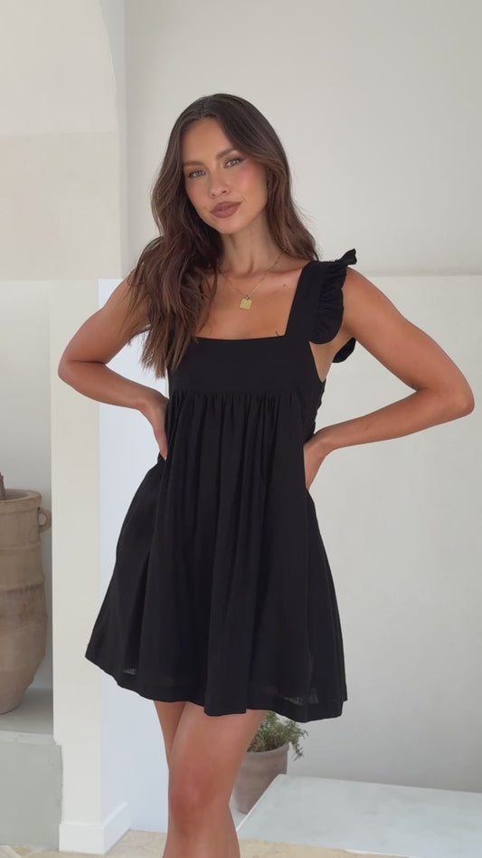 Black Cotton Ruffle Strap Mini Dress – Square Neck & Flowy Babydoll Fit