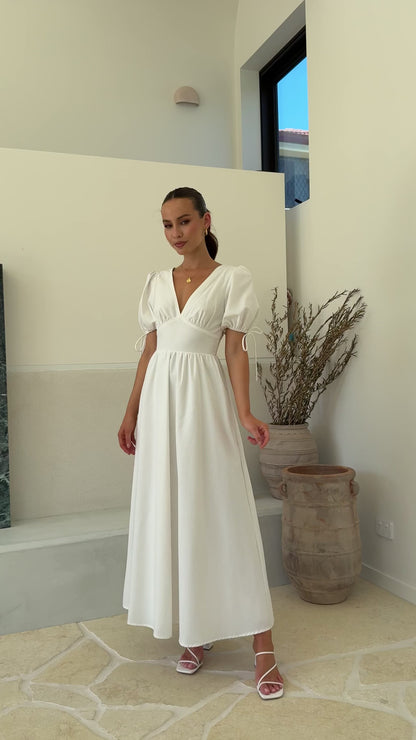 White Linen Puff Sleeve Maxi Dress – Smocked Back Fit & Flare